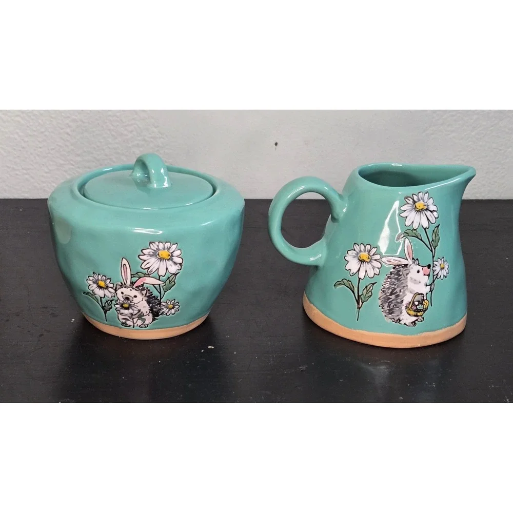 Spectrum Designz Hedgehog Bunny Easter Cream and Sugar Set Turquoise Ceramic